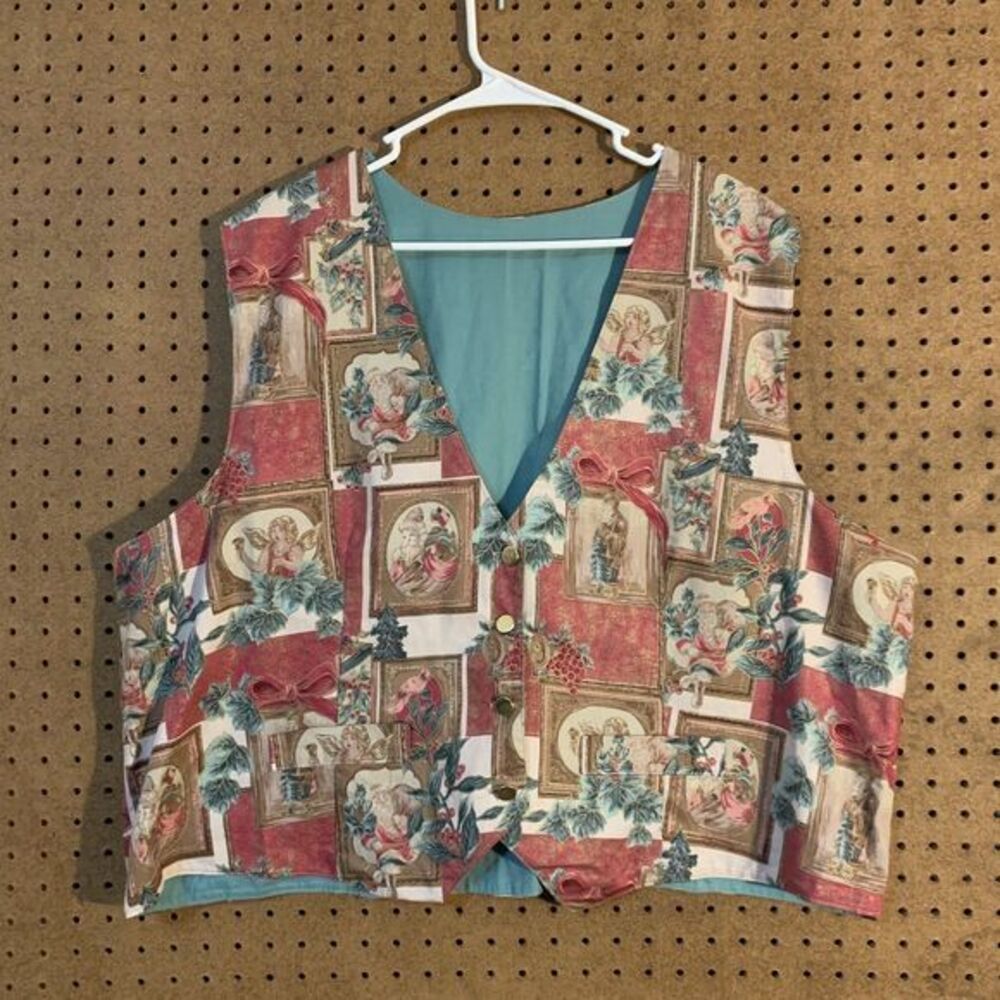 VTG Christmas Vest Handmade‎ Santa Pink Button Front Cottagecore Retro XL